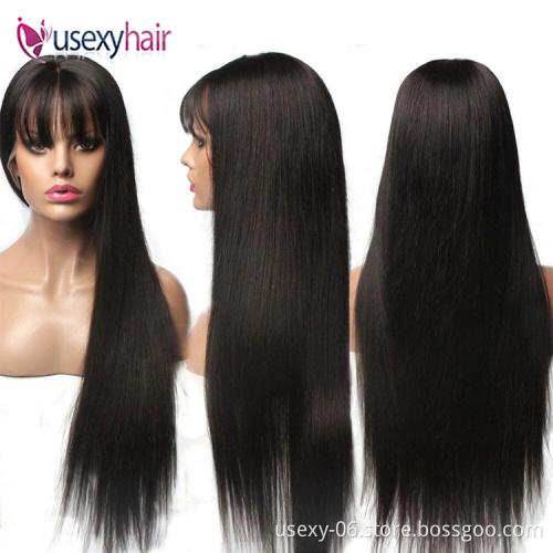 Cheap silk straight wave front lace human hair bang wig cuticle aligned virgin hair transparent hd lace closure wig with bangs